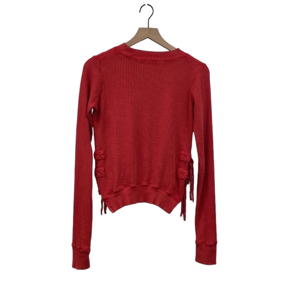 Free People One interlaken thermal waffle knit long sleeve side tie red top, XS - Picture 7 of 10